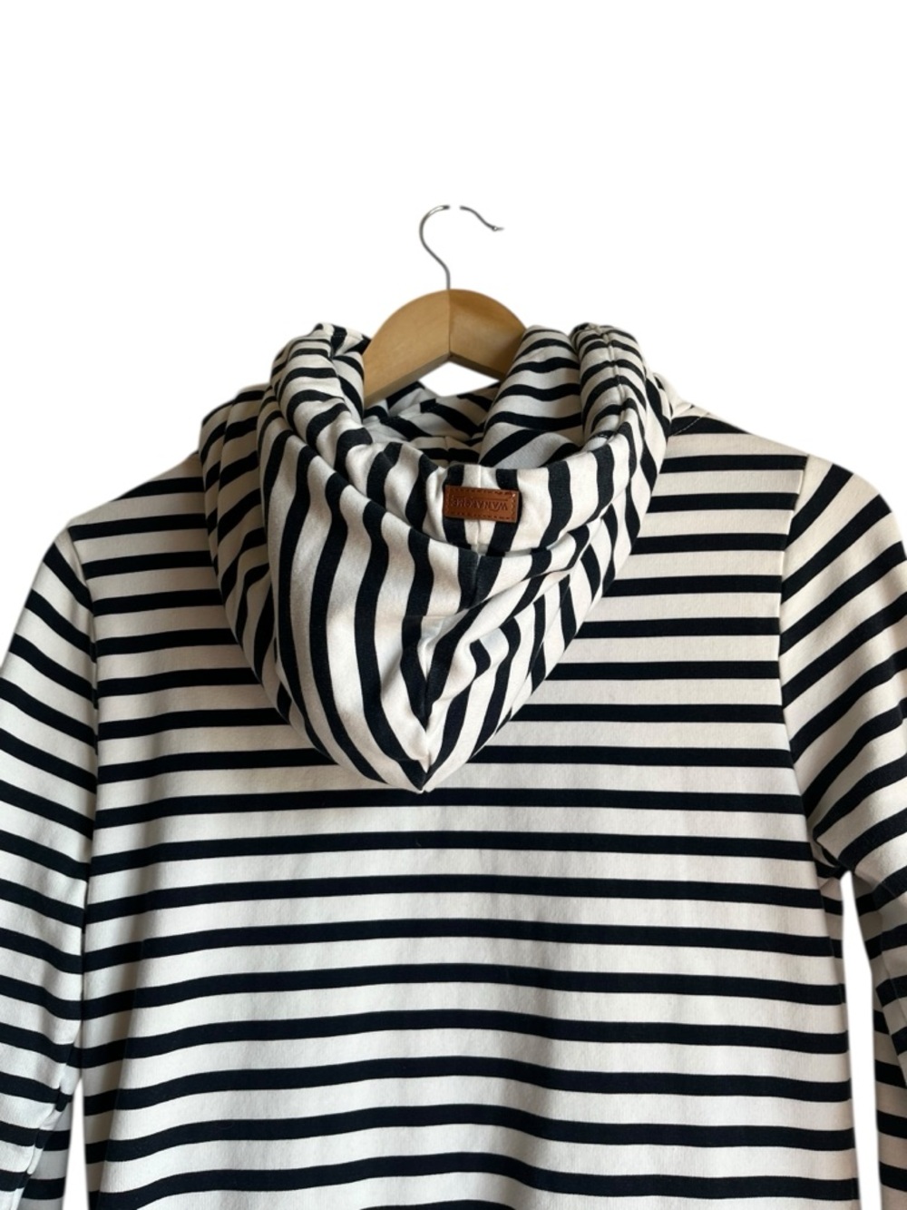 Wanakome Navy Ivory Stripe Cowl Neck Hoodie XS Terry Pullover - Picture 7 of 15
